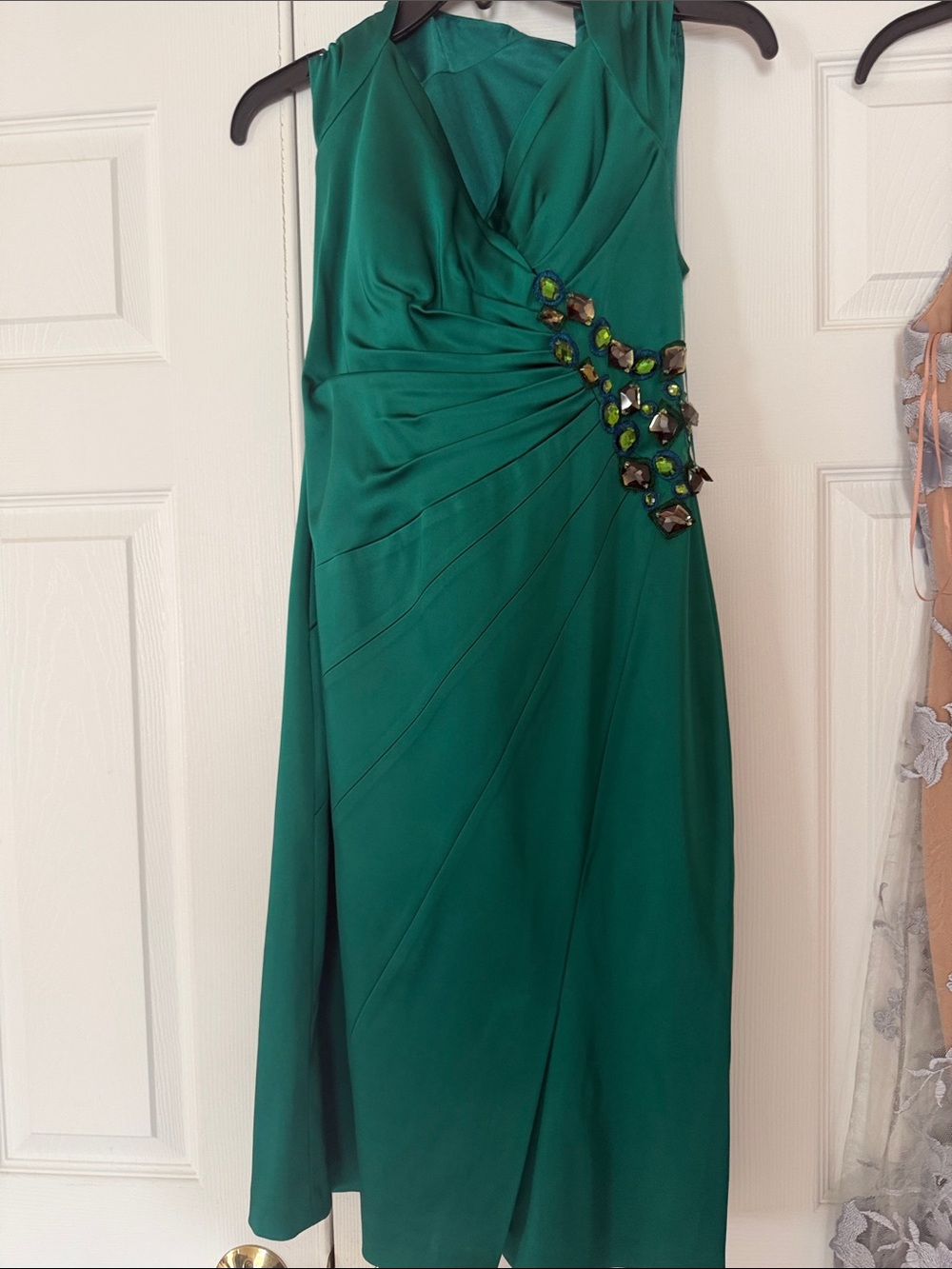 Jax Emerald Green Sleeveless Midi Dress with Jewel Accent